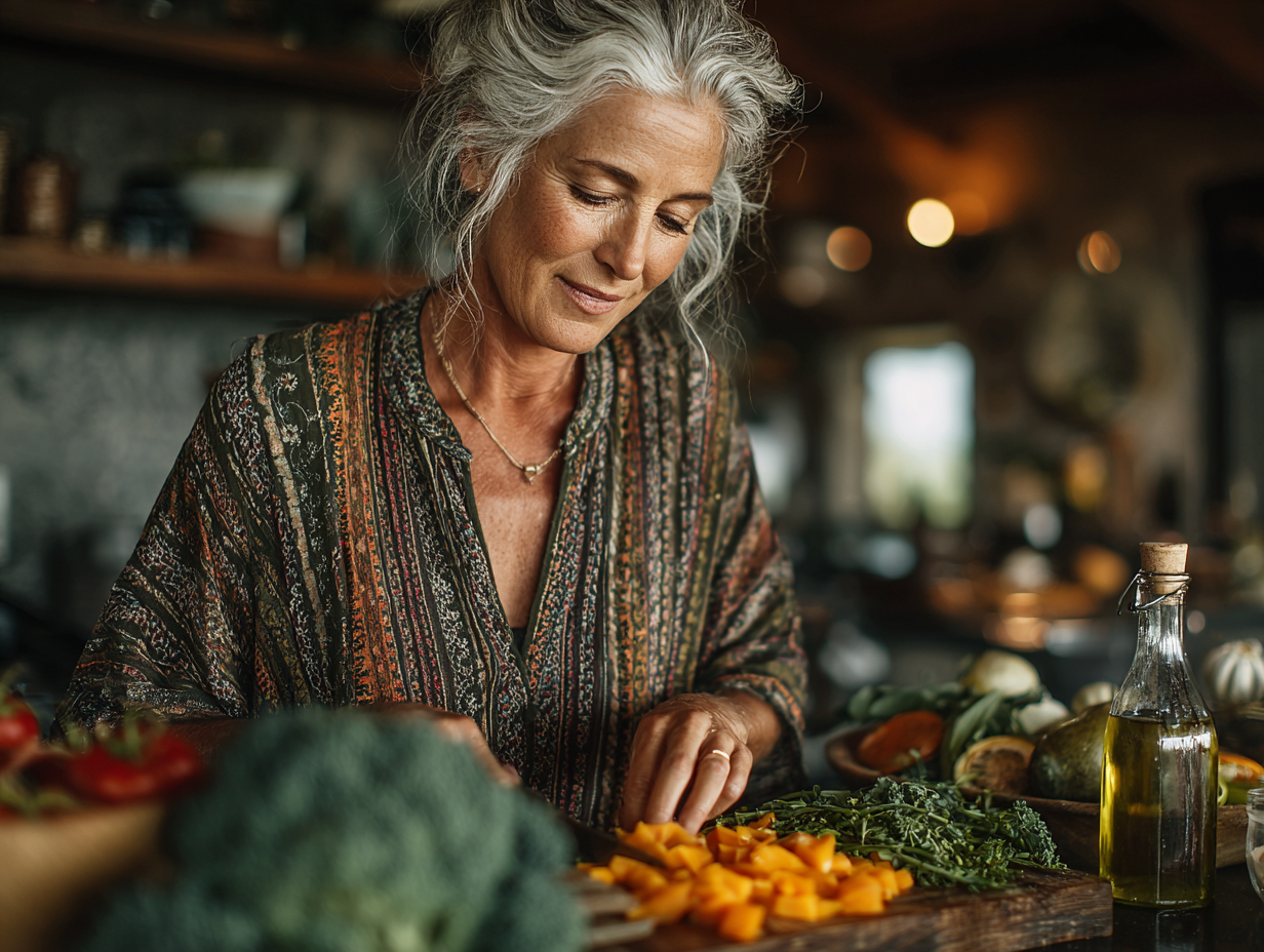 Щаслива літня пара готує здорову їжу на кухні